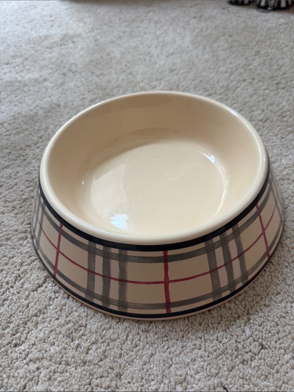 Burberry Cream Plaid Ceramic Pet Bowl with Gray and Red Accents